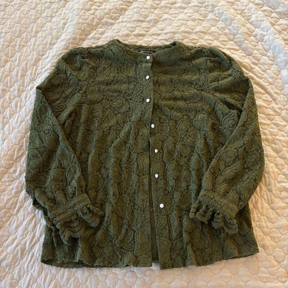 Women’s Green Button Down Lace Light Cardigan Size L Goblincore Fairycore